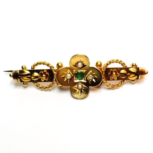 Ct Gold Emerald Seed Pearl Bar Brooch Birm G Davison Sons